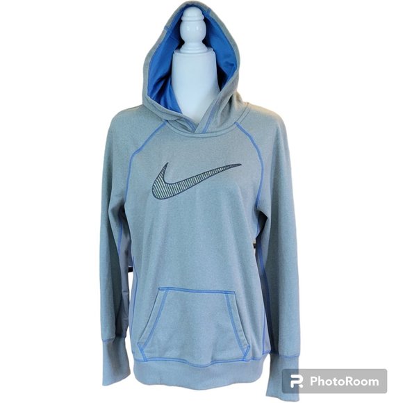 Nike Swoosh Hoodie Gray with Blue Stitching Kangaroo Pocket Sz Large - Picture 1 of 8